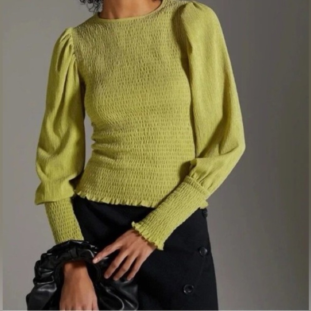 Anthropologie Green Puff Sleeve Smocked Blouse Top
